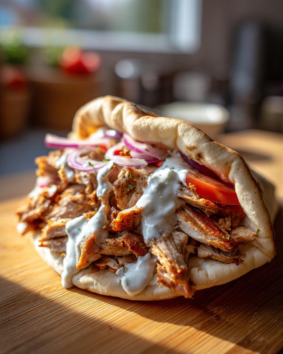 Close-up of a generously filled chicken shawarma with garlic sauce, red onions, and tomato in a pita bread.