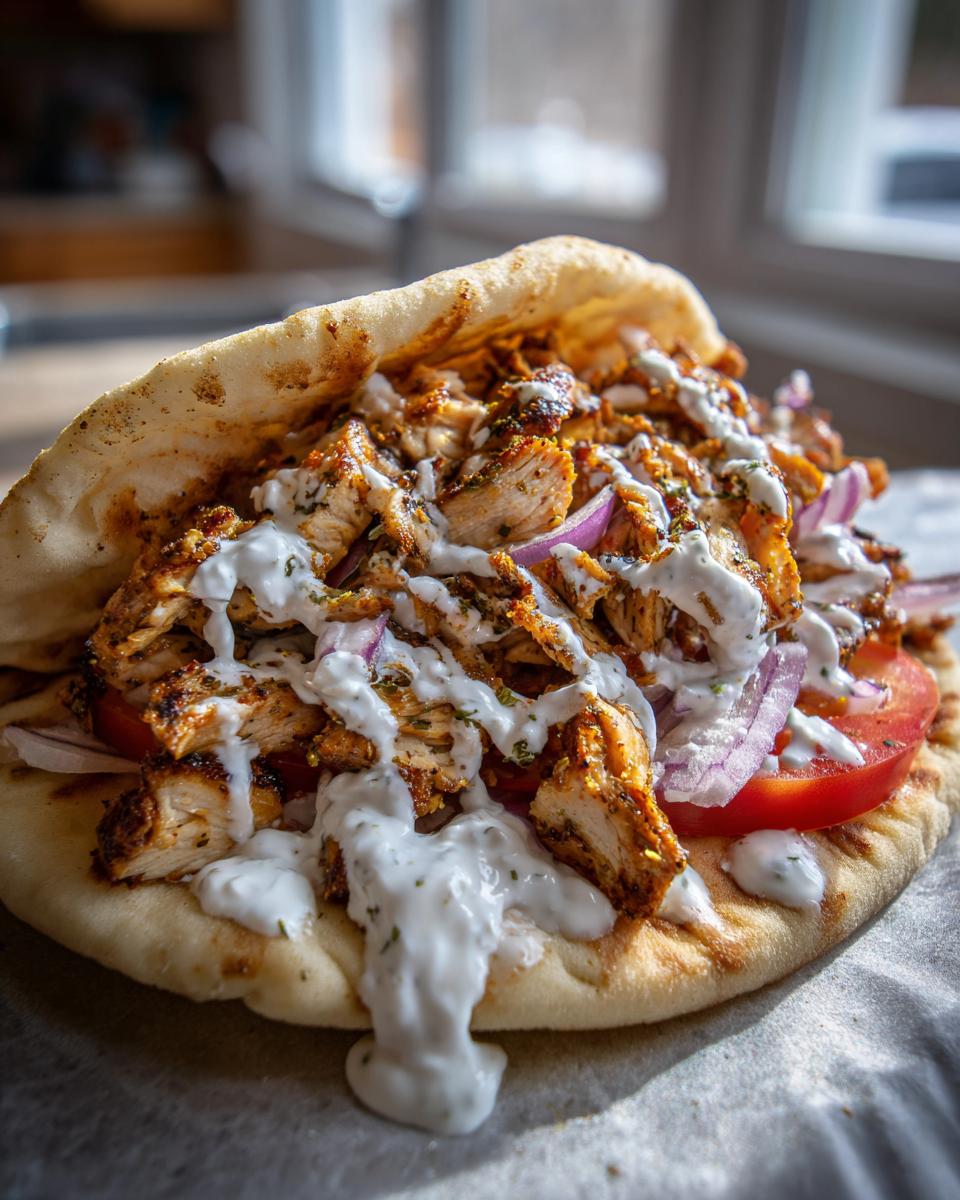 Close-up of a generously filled chicken shawarma sandwich on pita bread, drizzled heavily with white garlic sauce.