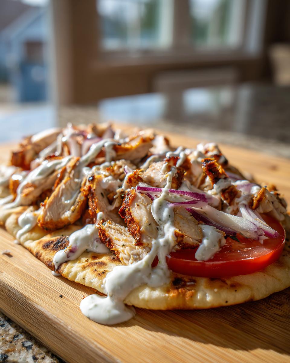 Close-up of delicious chicken shawarma with garlic sauce, red onion, and tomato on a piece of toasted flatbread.