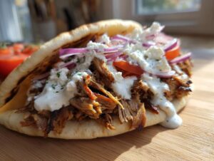 Close-up of a stuffed pita bread featuring shredded chicken shawarma, garlic sauce, red onion, and feta cheese.