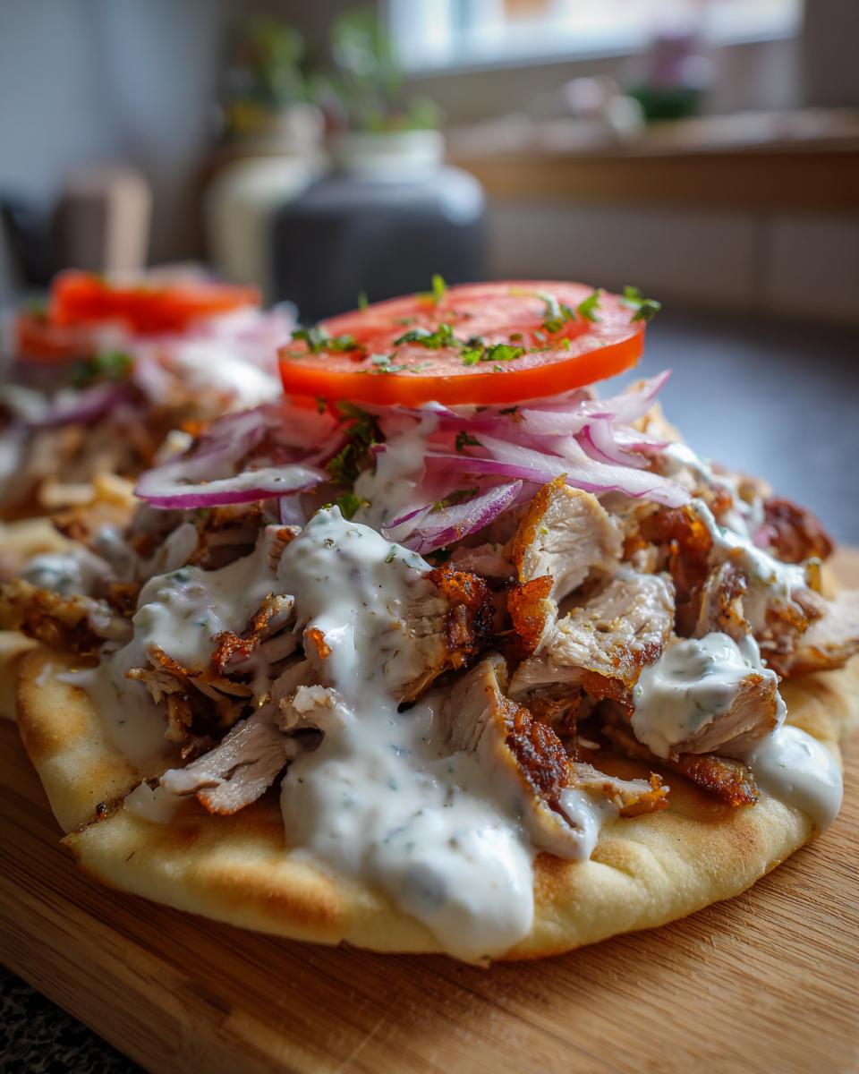 Close-up of open-faced chicken shawarma with garlic sauce, red onion, and tomato on a piece of pita bread.