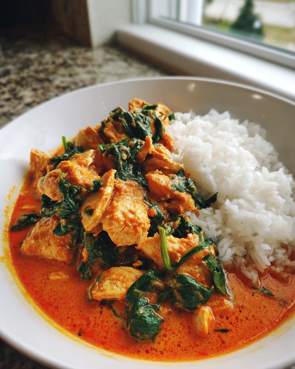 A close-up of a white bowl filled with vibrant orange chicken and spinach coconut curry served alongside fluffy white rice.