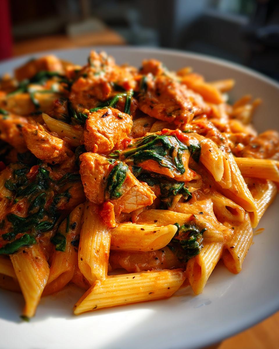 A close-up of creamy chicken tomato pasta featuring penne, chunks of seasoned chicken, and wilted spinach in a rich sauce.