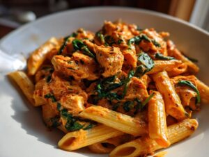 A close-up, bright shot of creamy chicken tomato pasta featuring penne, chunks of chicken, and wilted spinach in a white bowl.