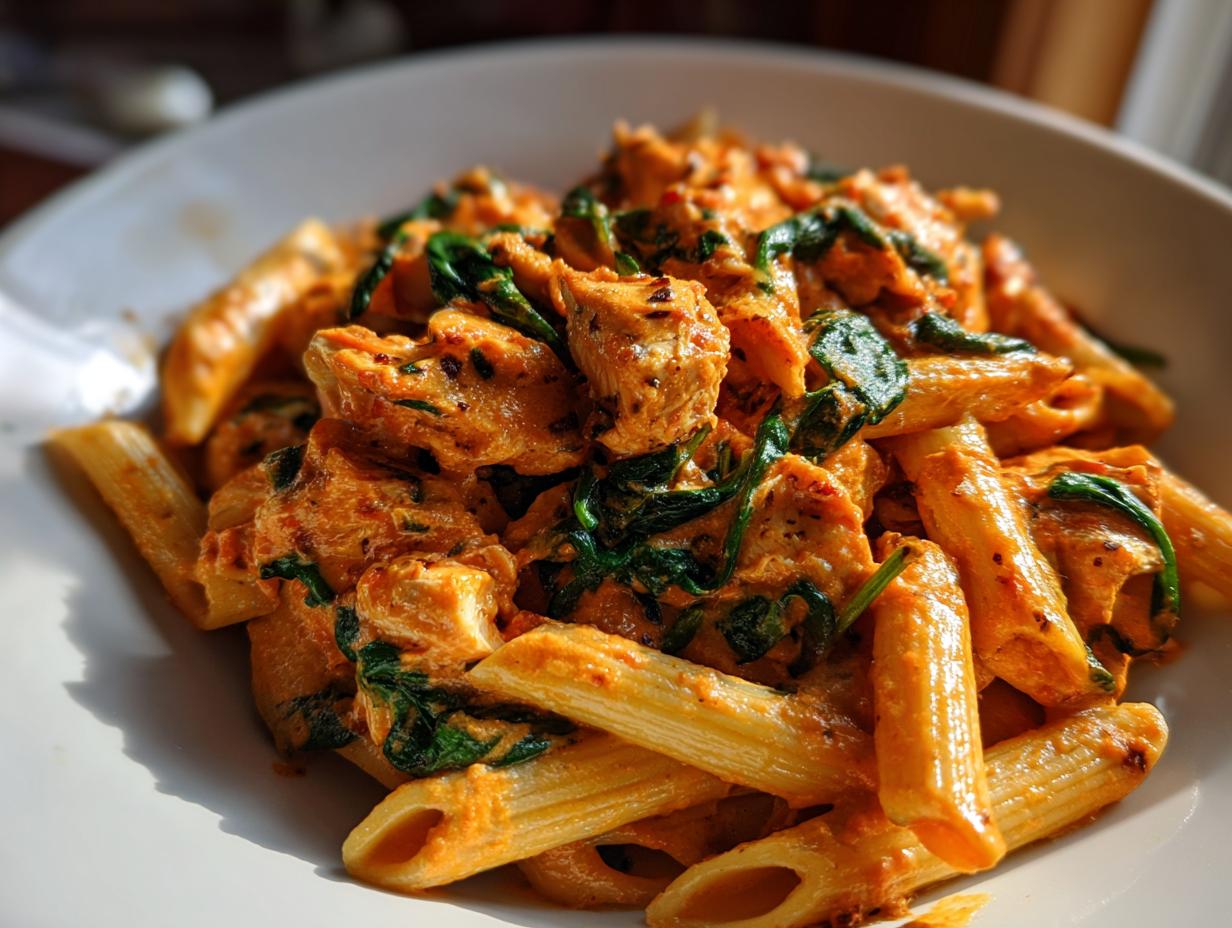 A close-up, bright shot of creamy chicken tomato pasta featuring penne, chunks of chicken, and wilted spinach in a white bowl.
