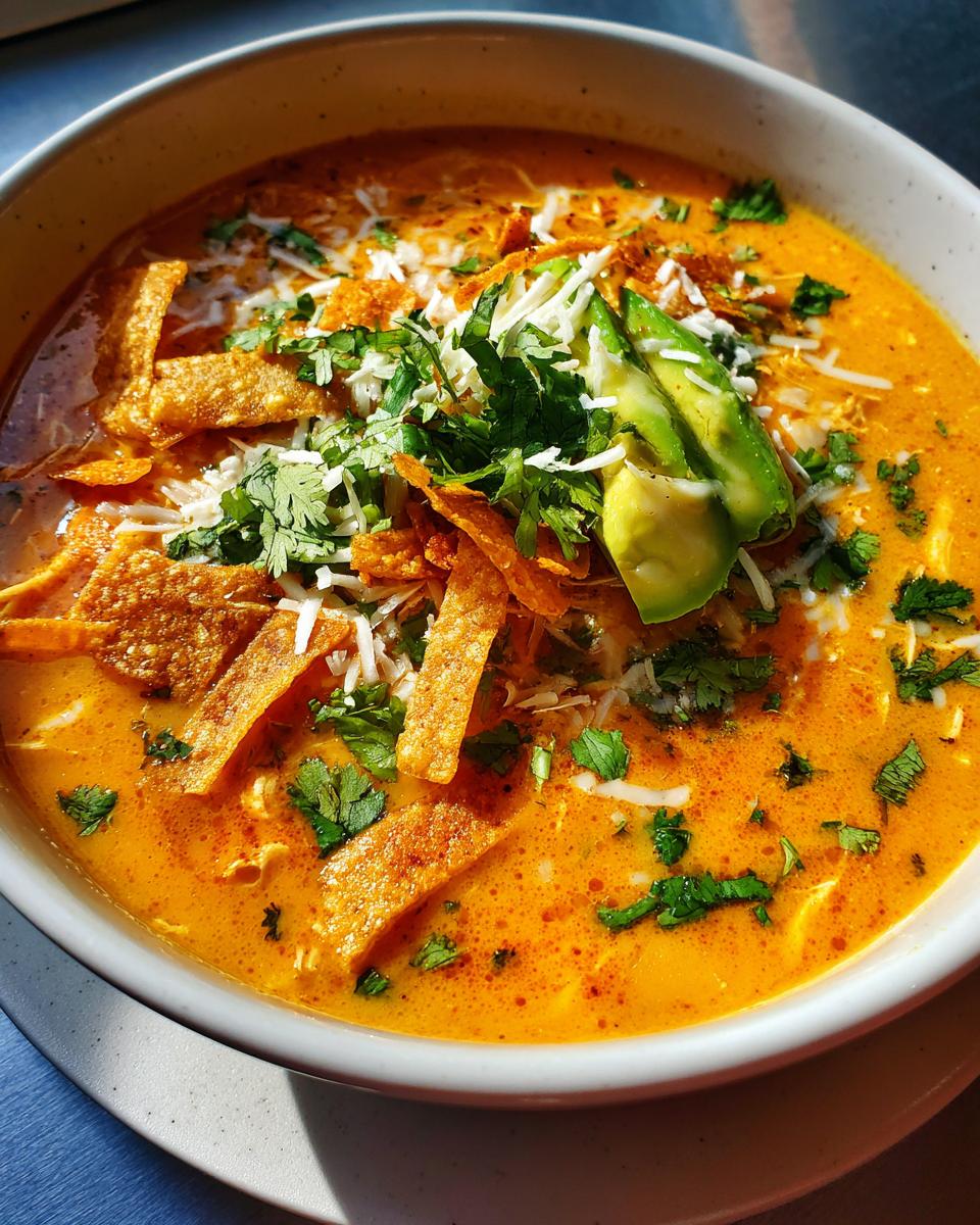 Close-up of a vibrant orange bowl of chicken tortilla soup topped with avocado, cheese, cilantro, and crispy tortilla strips.