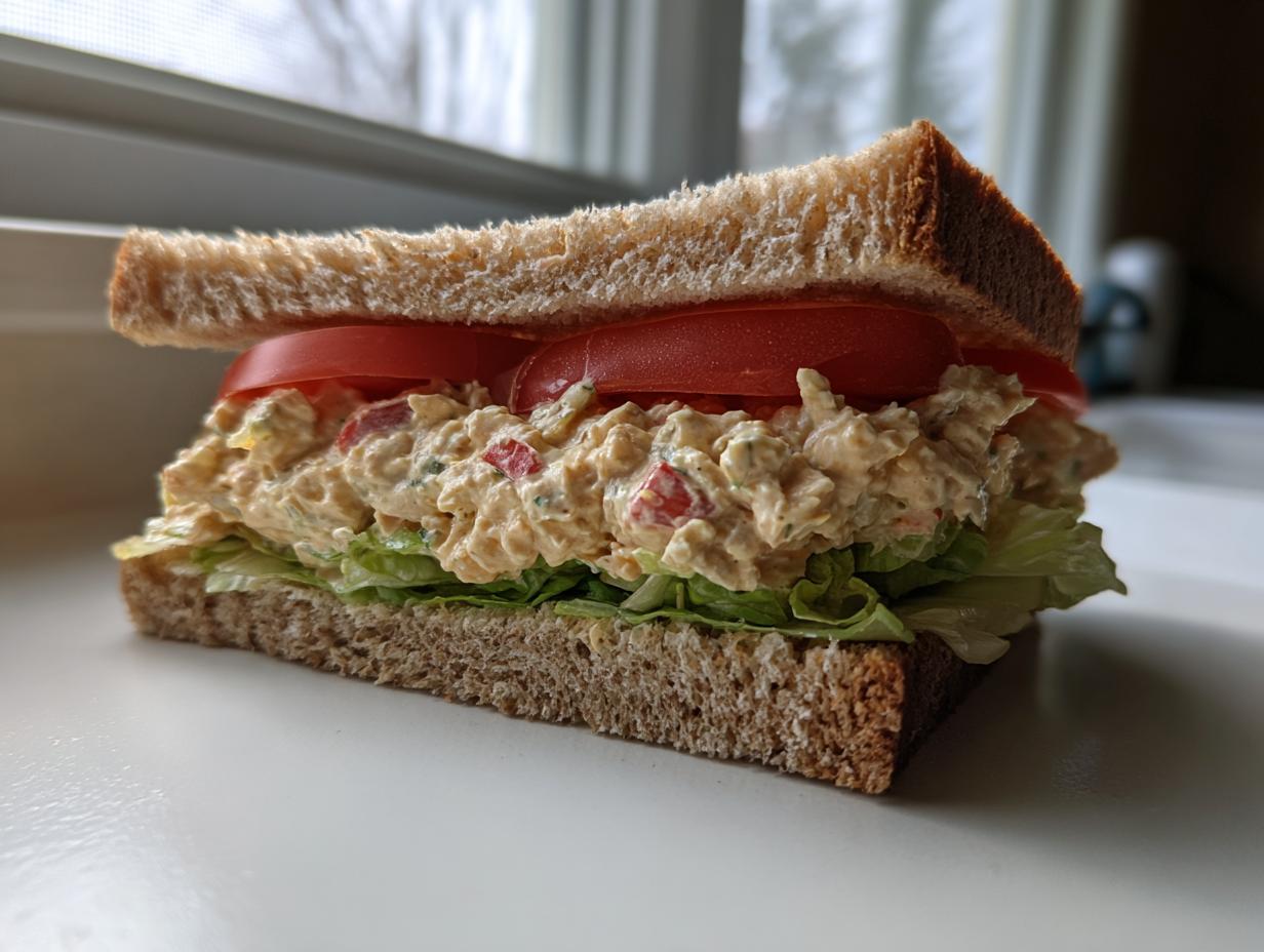 A hearty chickpea salad sandwich made with whole wheat bread, lettuce, and thick tomato slices.