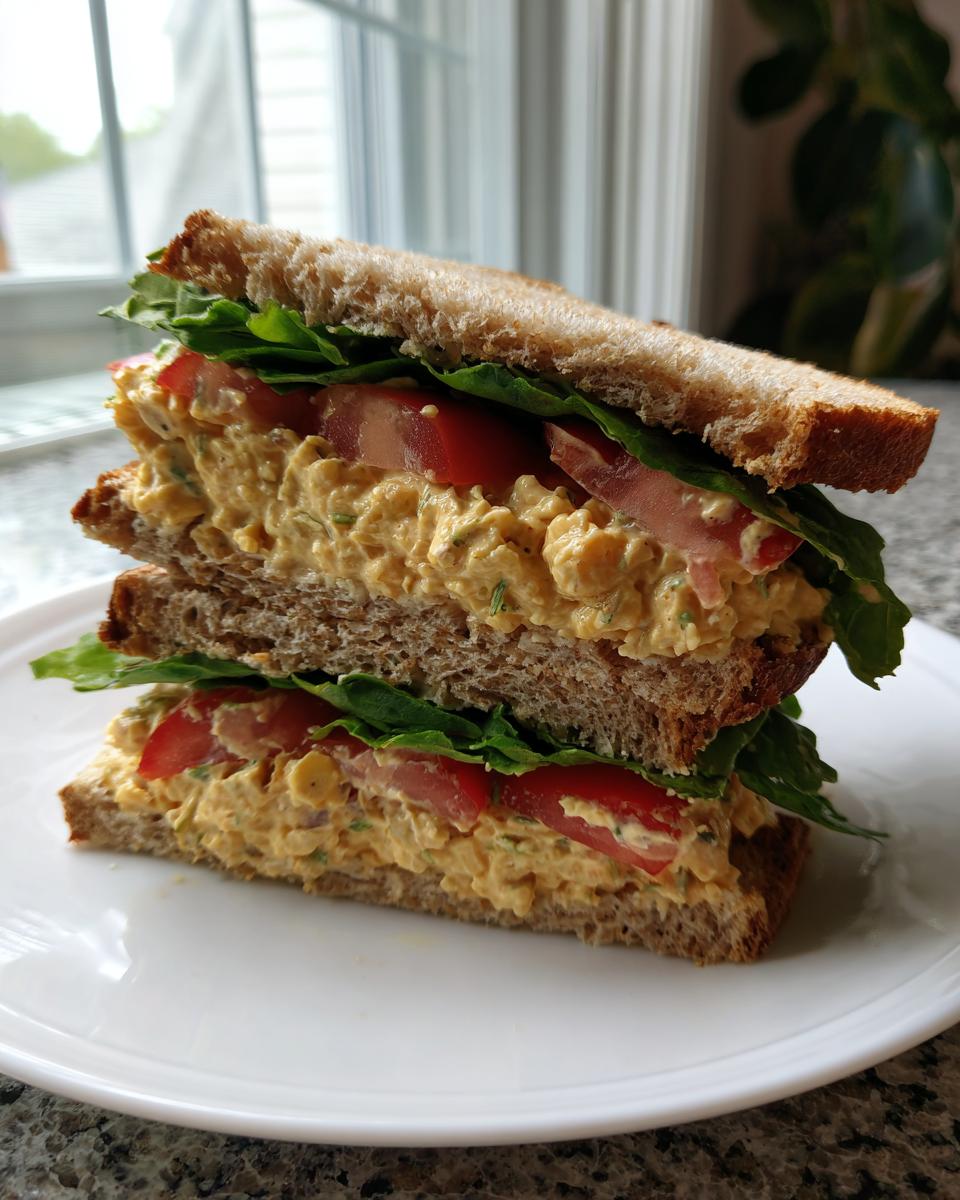 A hearty chickpea salad sandwich, cut in half and stacked, featuring creamy filling, tomato slices, and lettuce on whole wheat bread.