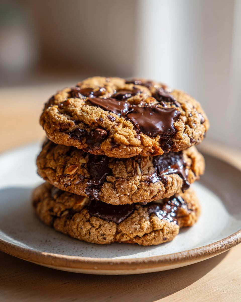 A stack of three chewy chocolate chip almond cookies with melted chocolate pools.