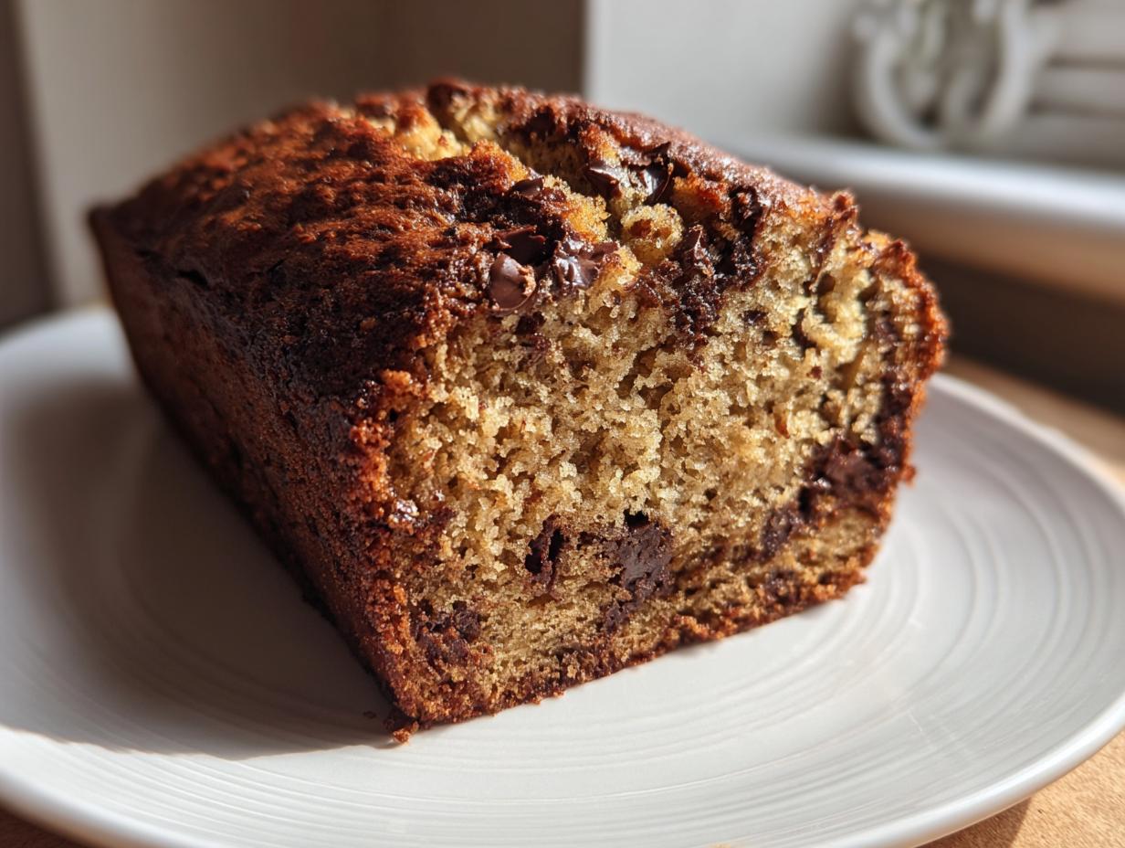 Close-up of a freshly baked chocolate chip banana bread loaf showing a moist crumb texture.