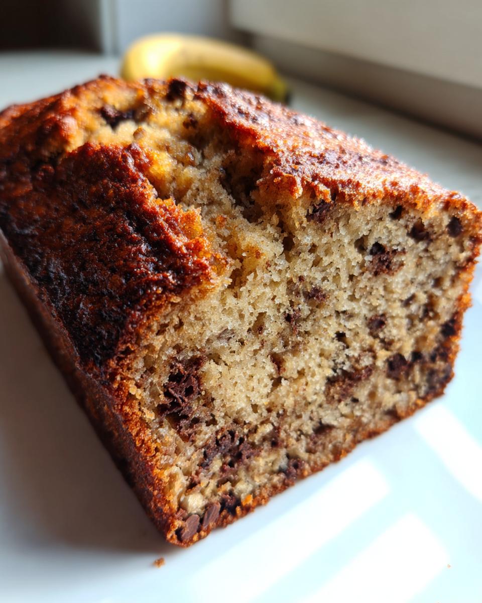 A close-up view of a moist, dark-crusted slice of chocolate chip banana bread on a white plate.