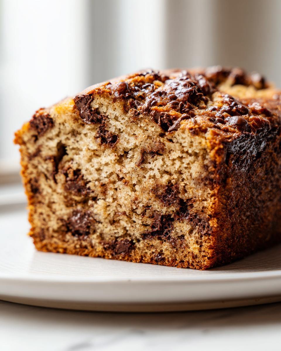 A moist, close-up cross-section of chocolate chip banana bread showing rich texture and melted chocolate chunks.