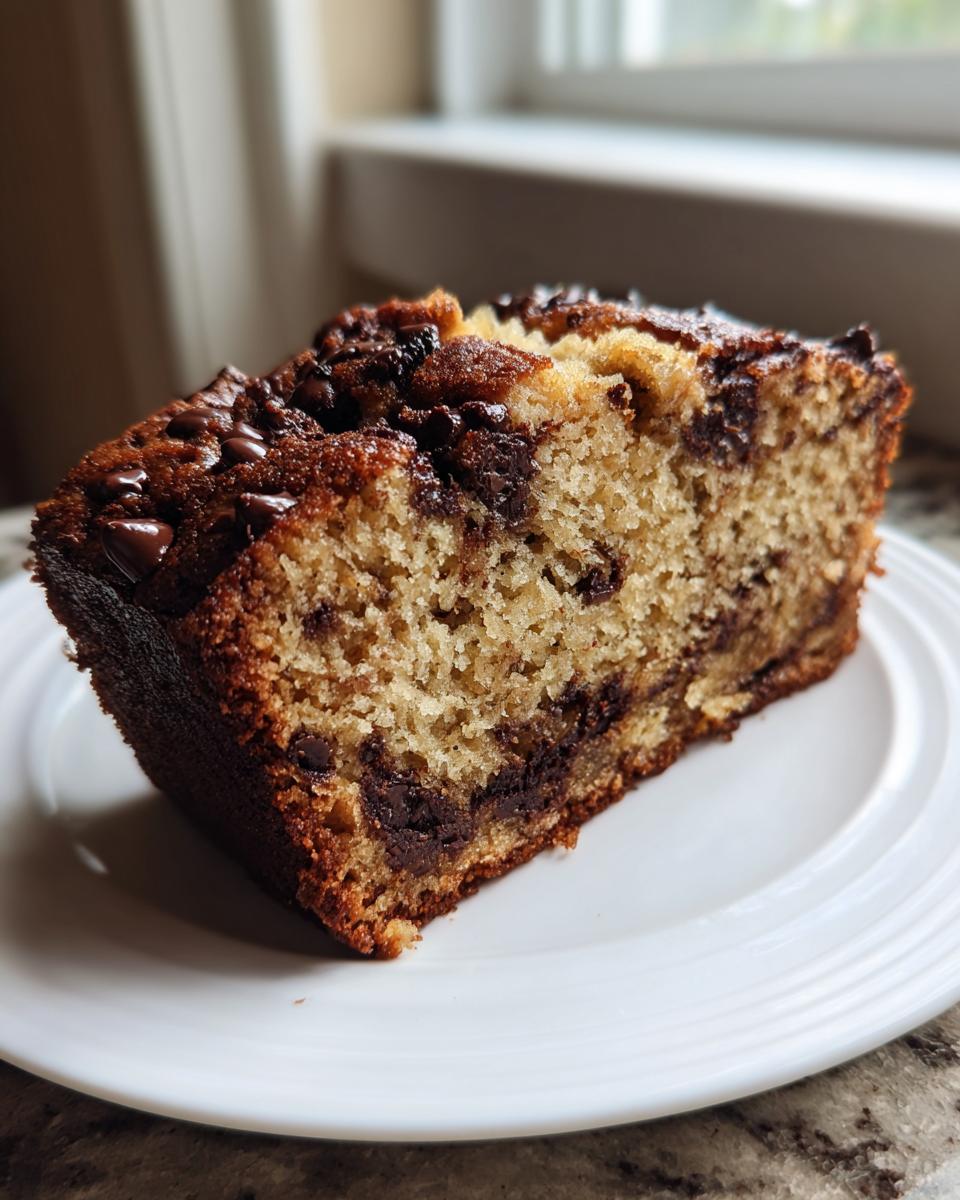Close-up of a moist slice of chocolate chip banana bread resting on a white plate.