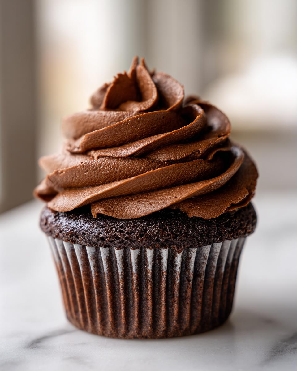 Close-up of a decadent chocolate cupcake topped with a tall swirl of rich chocolate frosting.