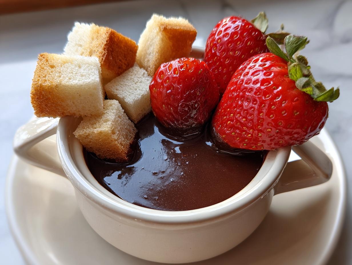Close-up of a small white bowl filled with rich chocolate fondue, topped with cubes of toasted bread and fresh strawberries.