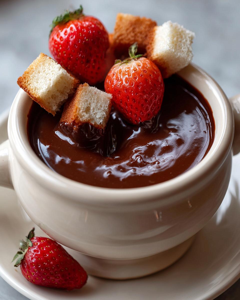 Close-up of rich chocolate fondue topped with fresh strawberries and cubes of pound cake ready for dipping.