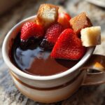 Close-up of fresh strawberries and pound cake cubes being dipped into rich, melted chocolate fondue in a ceramic mug.