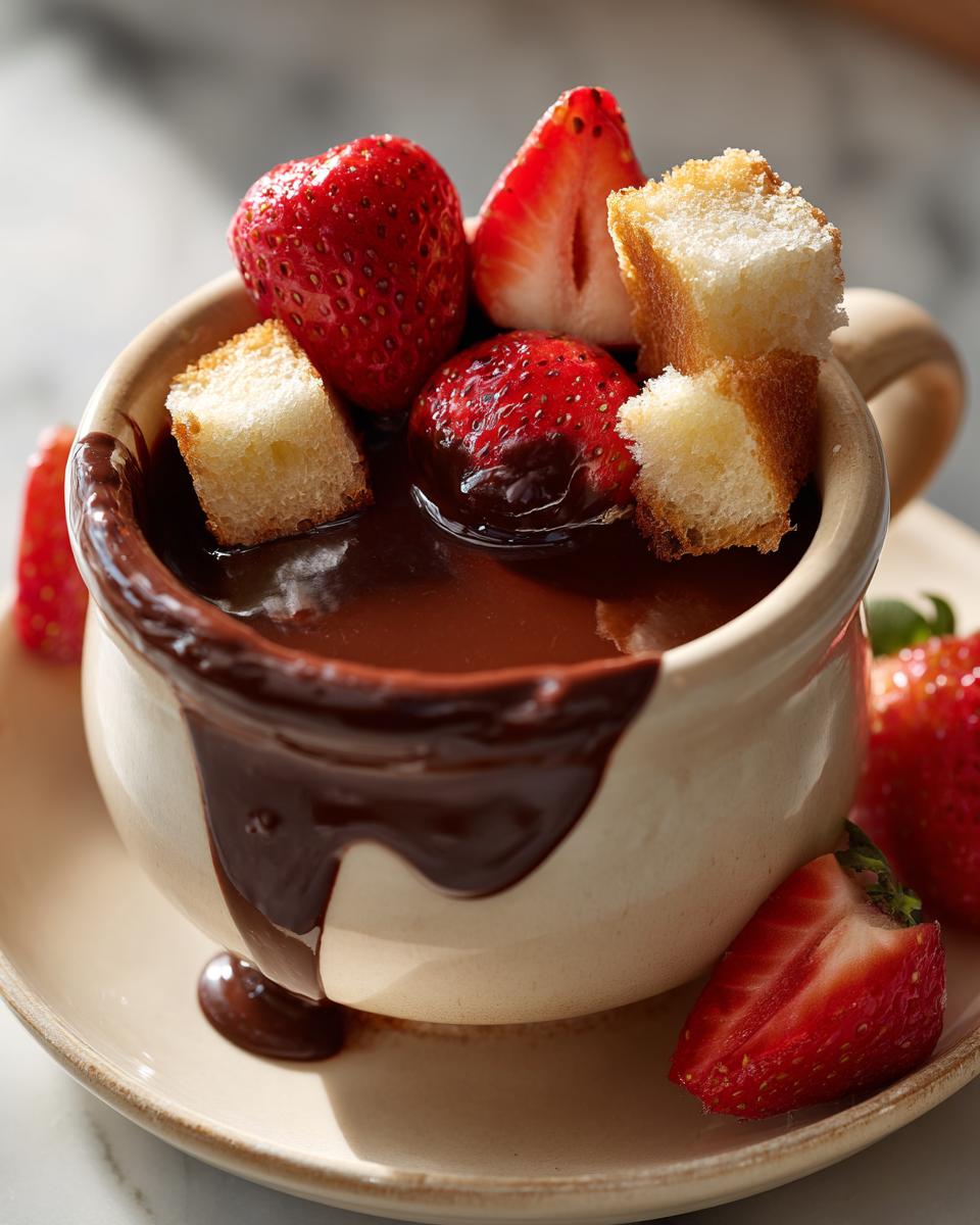 A close-up of rich chocolate fondue served in a mug, topped with fresh strawberries and pieces of pound cake.