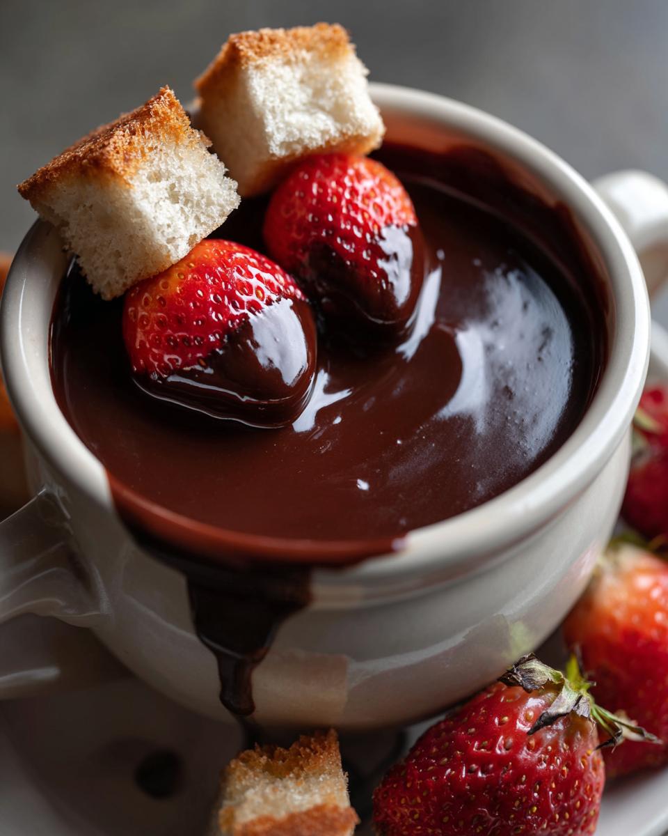 Close-up of strawberries and cake pieces being dipped into rich, melted chocolate fondue in a white mug.