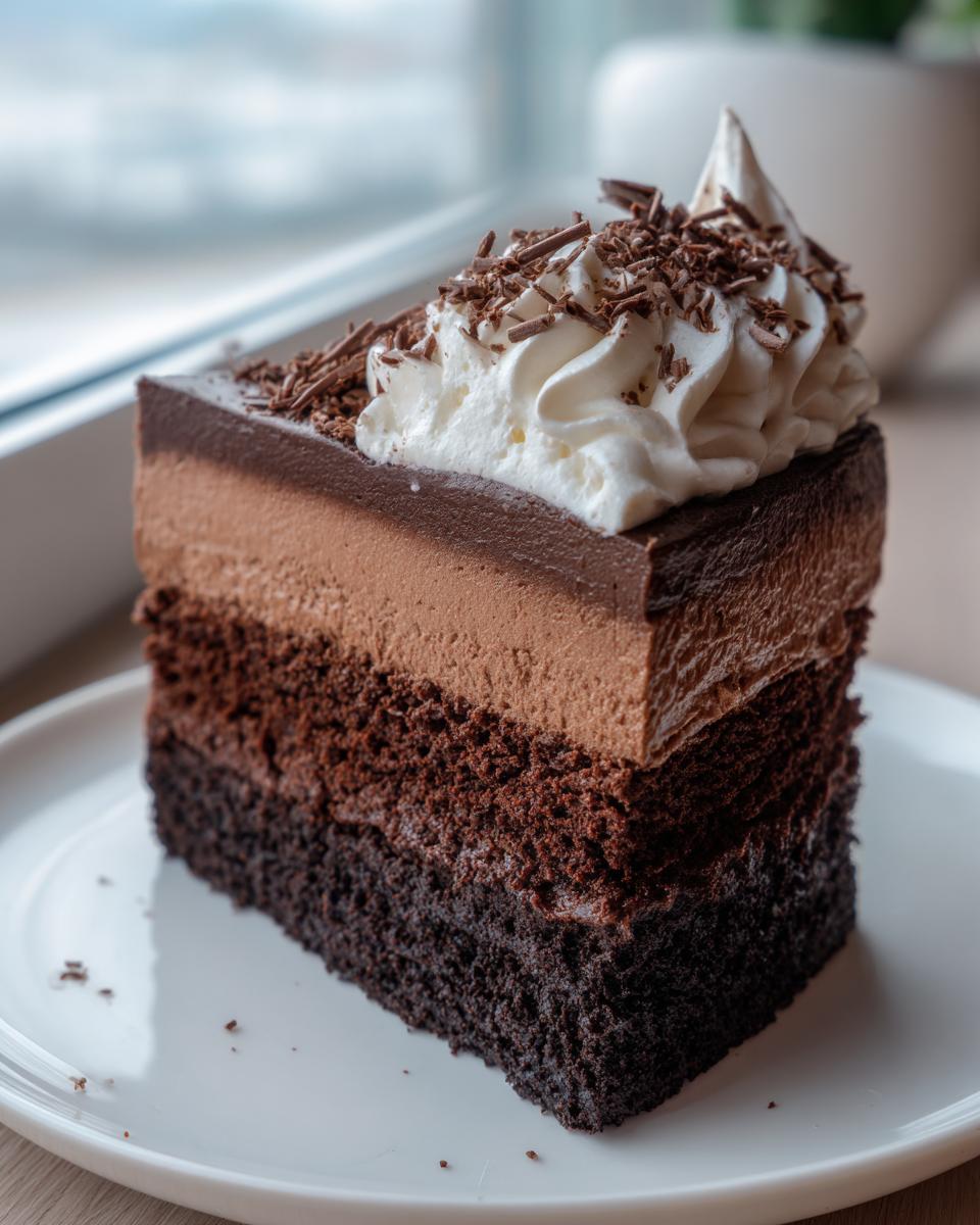 A tall slice of layered chocolate mousse cake topped with whipped cream and chocolate shavings.