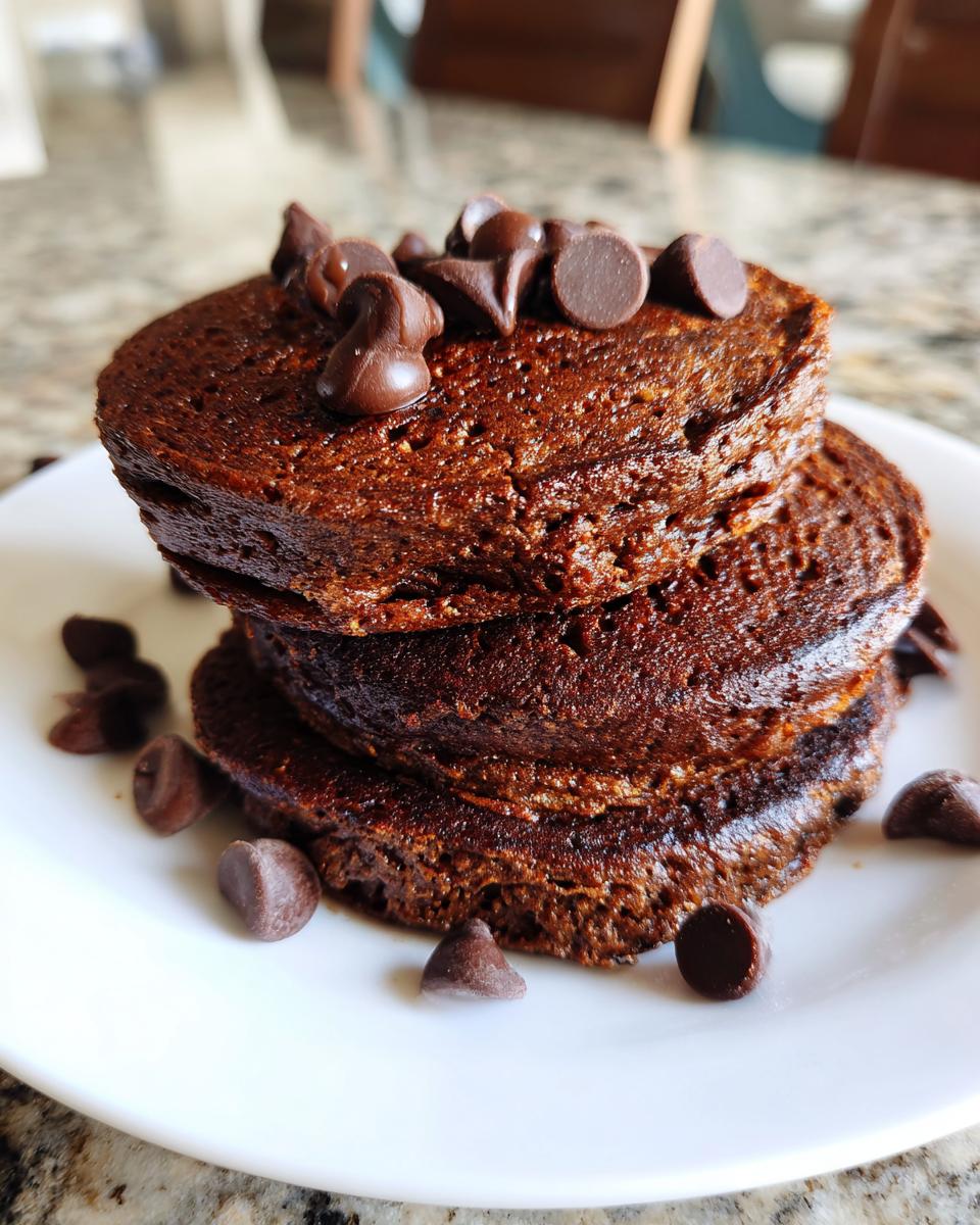 A close-up of a stack of three dark chocolate oat pancakes topped with chocolate chips.