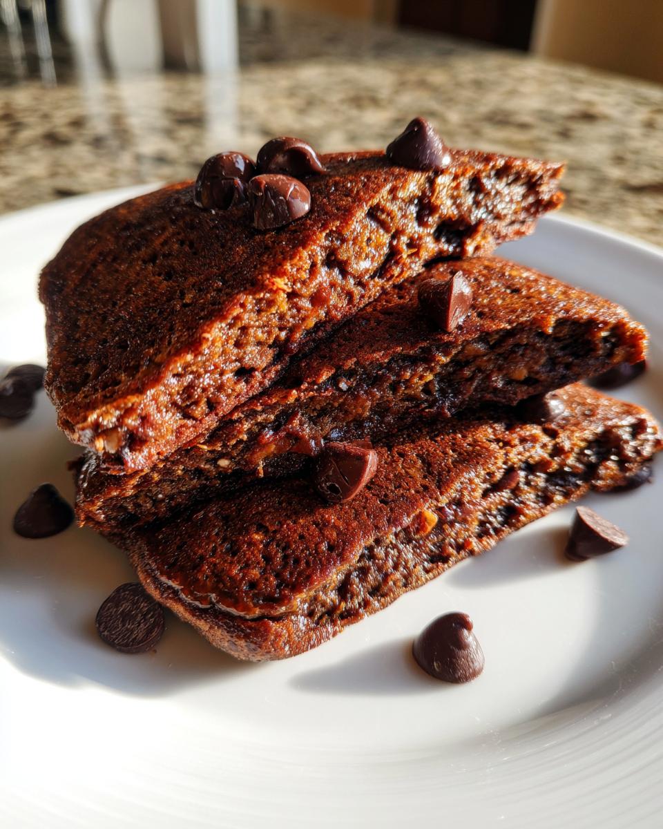 Close-up of three stacked, rich brown chocolate oat pancakes topped with chocolate chips.