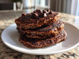 A stack of three dark, rich chocolate oat pancakes topped with melted chocolate chips.