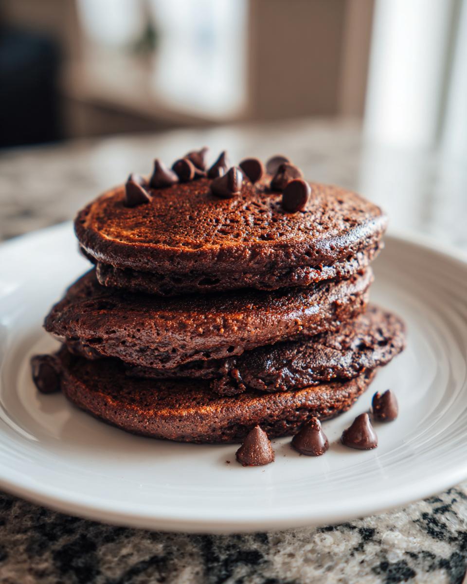 A tall stack of dark, fluffy chocolate oat pancakes topped with chocolate chips on a white plate.