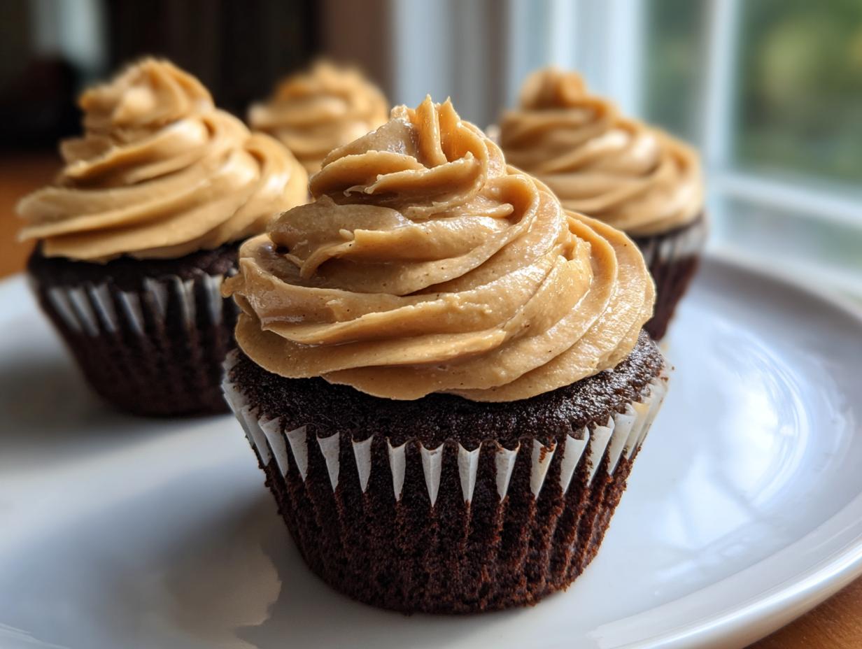 Close-up of decadent chocolate peanut butter cupcakes topped with a generous swirl of peanut butter frosting.