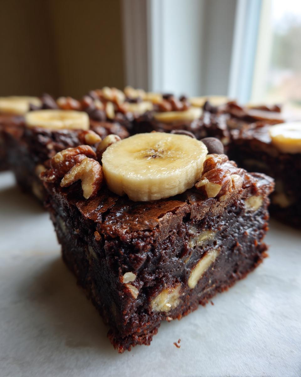 A rich, fudgy square of chunky monkey brownies topped with a slice of banana, pecans, and chocolate chips.