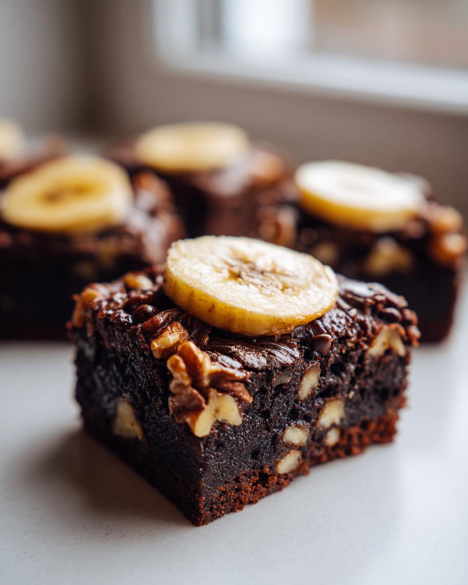 A rich, fudgy square of chunky monkey brownies topped with walnuts and a fresh banana slice.