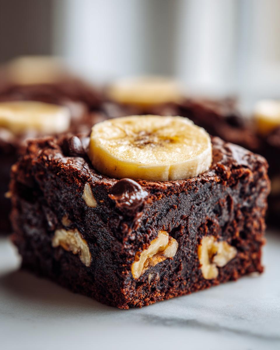A rich, dark chocolate chunky monkey brownies square topped with a banana slice, walnuts, and chocolate chips.