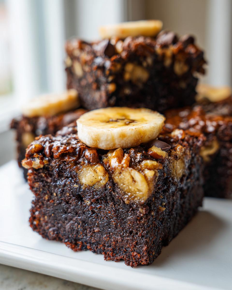 Close-up of a rich, fudgy square of chunky monkey brownies topped with walnuts, chocolate chips, and a banana slice.