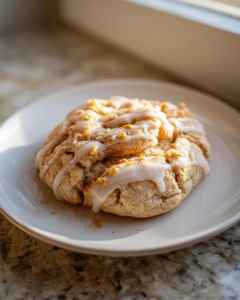 A single, soft Cinnamon Toast Crunch cookie drizzled with white glaze and topped with cereal pieces, sitting on a white plate.