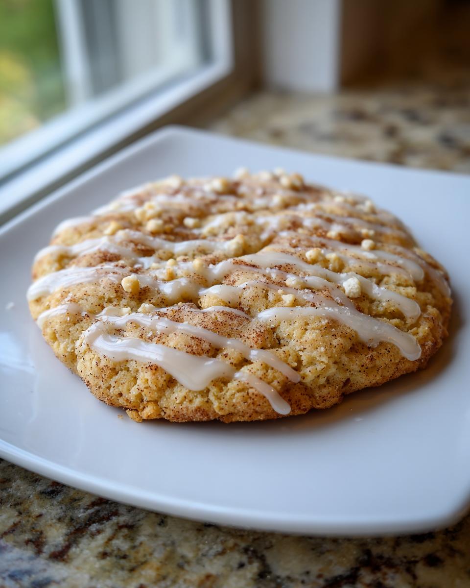 A single, large Cinnamon Toast Crunch cookie topped with cinnamon sugar, white icing drizzle, and crumbles, resting on a white plate.