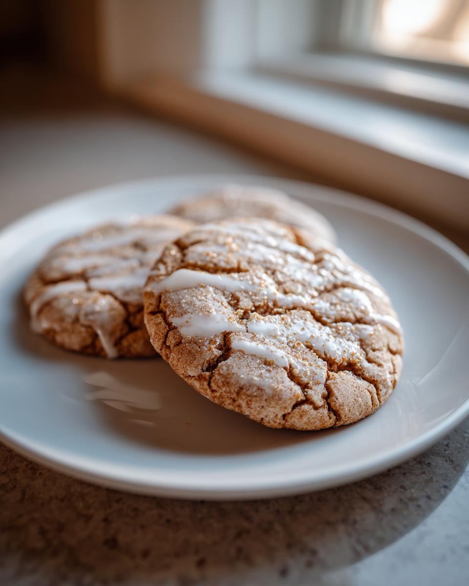Close-up of two delicious Cinnamon Toast Crunch cookies drizzled with white icing and sprinkled with sugar.