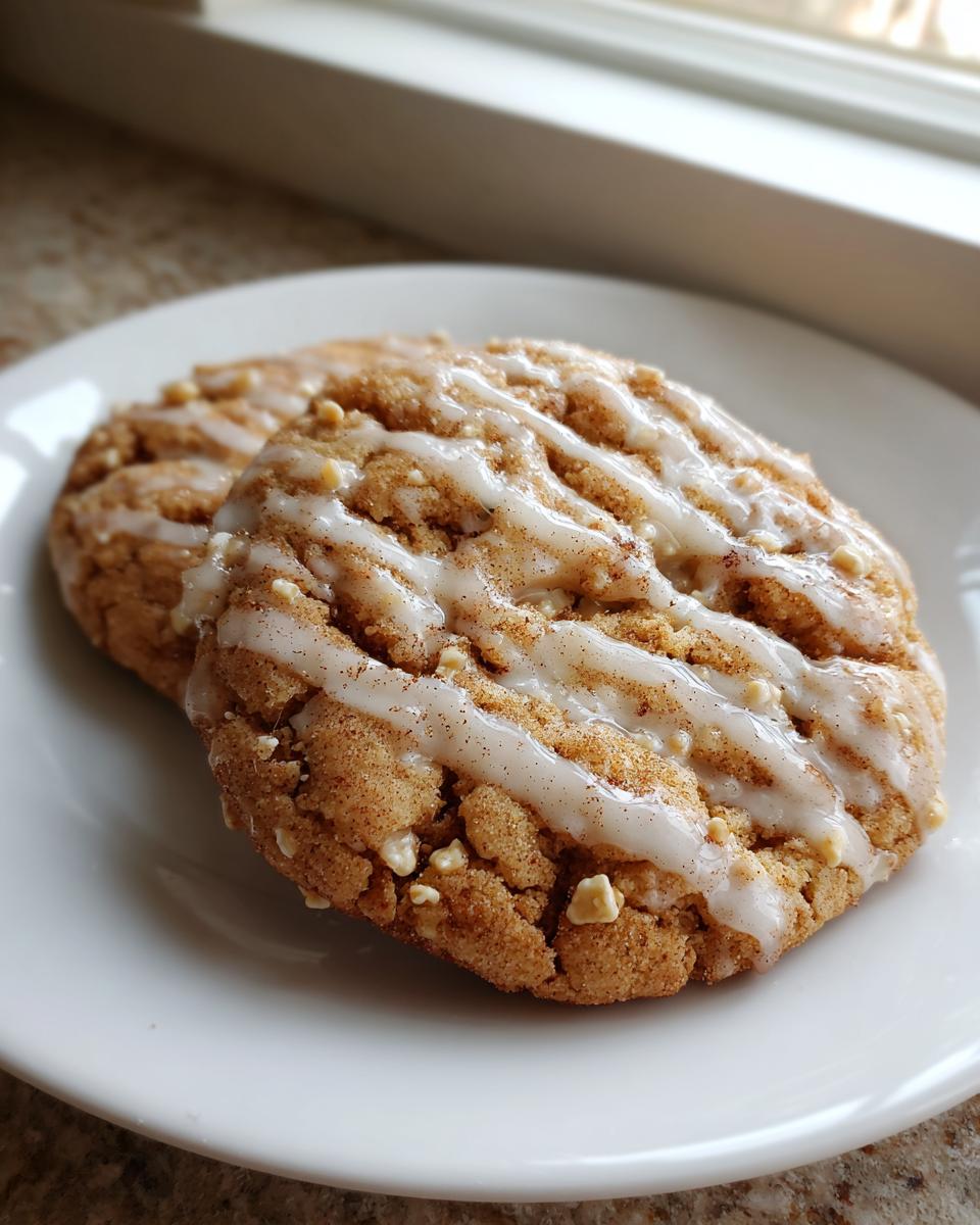Two freshly baked cinnamon toast crunch cookies drizzled with white icing, sitting on a white plate.