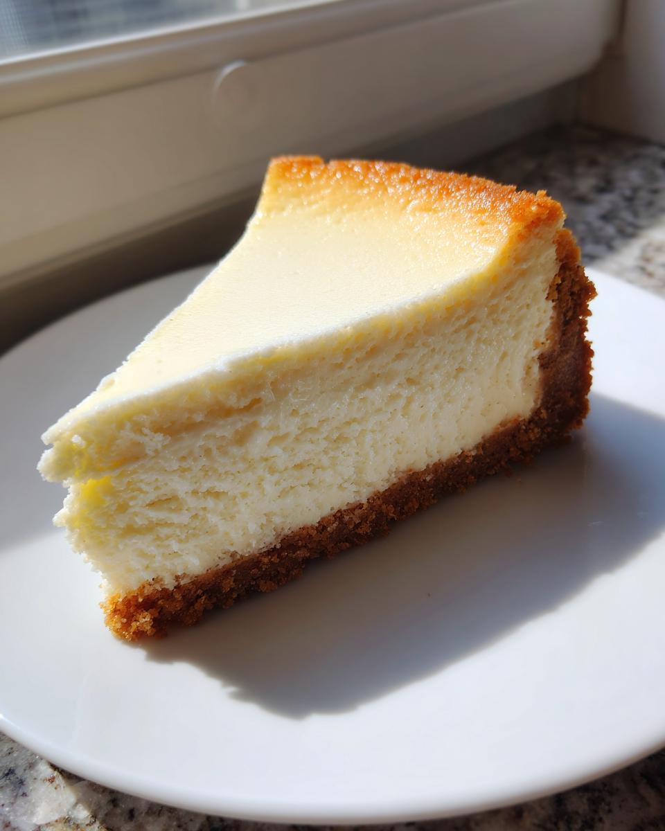 A perfect slice of creamy, baked cheesecake with a golden top and graham cracker crust, ready to eat.