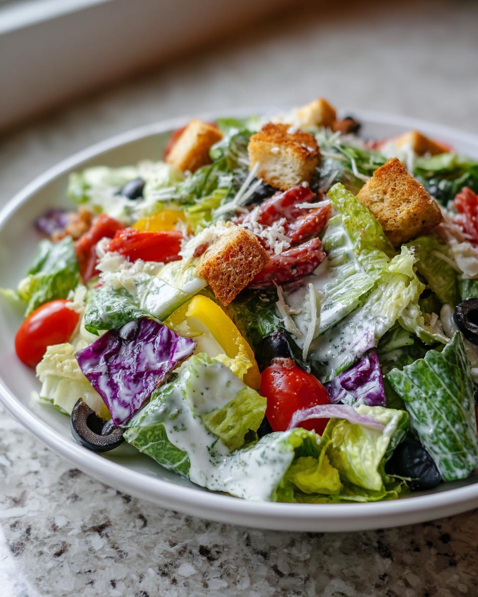 A vibrant bowl of copycat Olive Garden salad featuring romaine lettuce, tomatoes, olives, croutons, and creamy dressing.