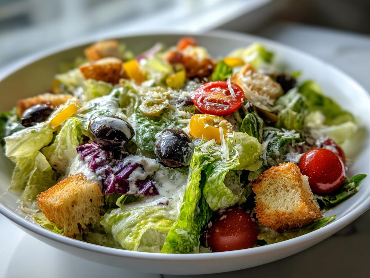 A vibrant bowl of copycat Olive Garden salad featuring crisp lettuce, creamy dressing, black olives, tomatoes, and croutons.