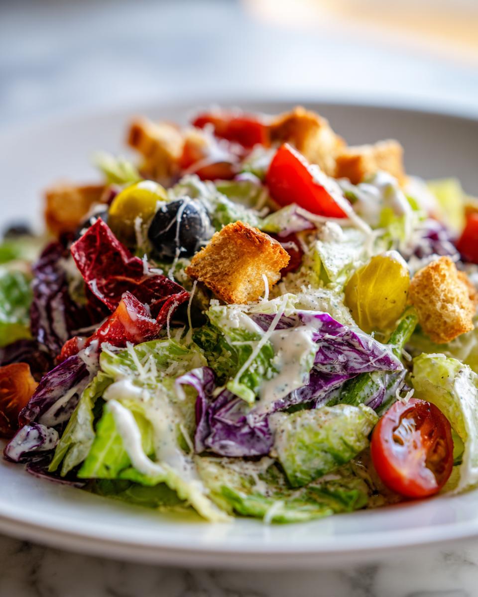 Close-up of a vibrant copycat Olive Garden salad featuring crisp lettuce, red cabbage, tomatoes, olives, and creamy dressing.