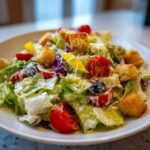 A close-up, appetizing shot of a bowl filled with copycat Olive Garden salad, featuring crisp lettuce, cherry tomatoes, olives, and croutons.