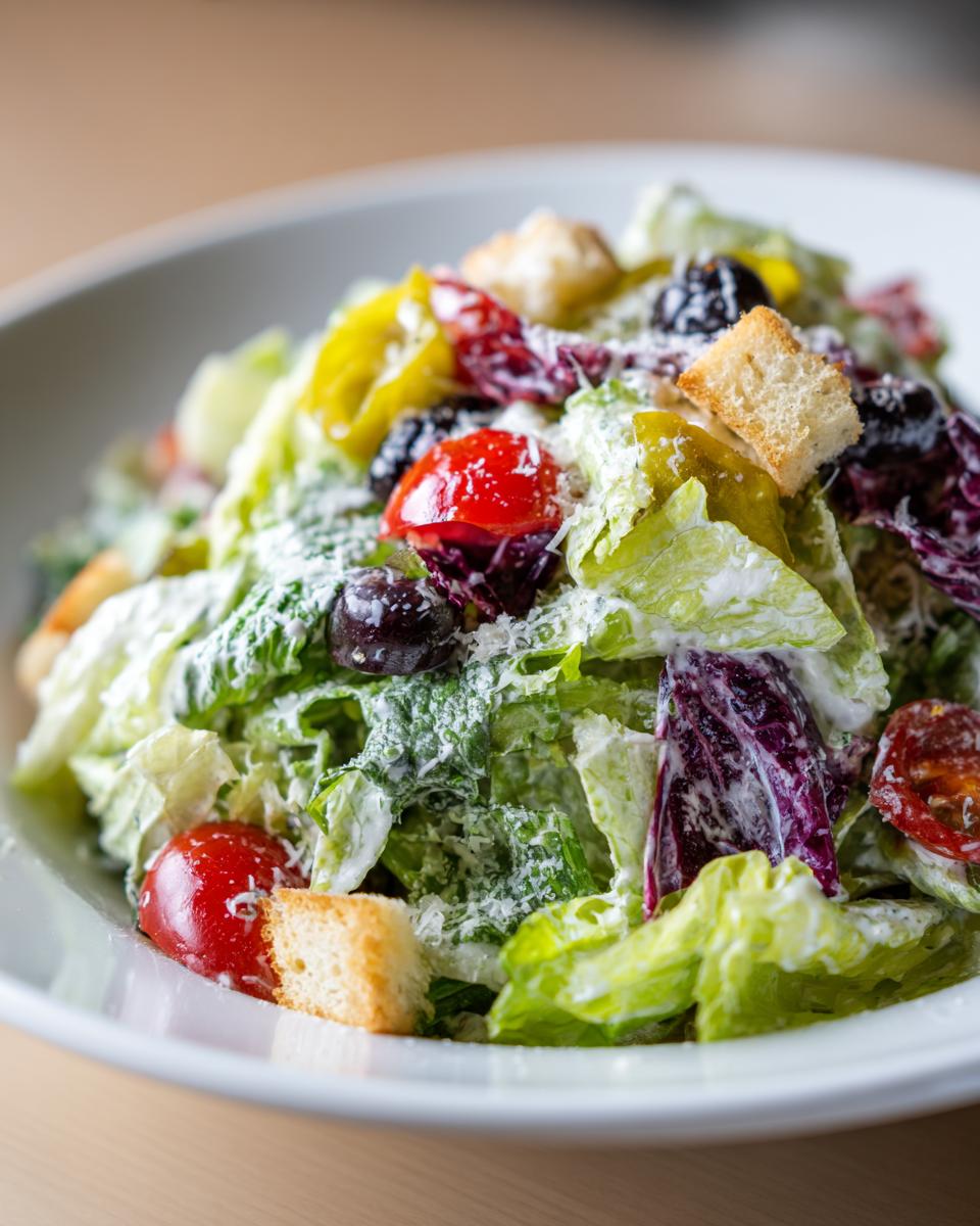 A close-up of a bowl filled with copycat Olive Garden salad, featuring crisp lettuce, cherry tomatoes, olives, pepperoncini, and croutons coated in creamy dressing.