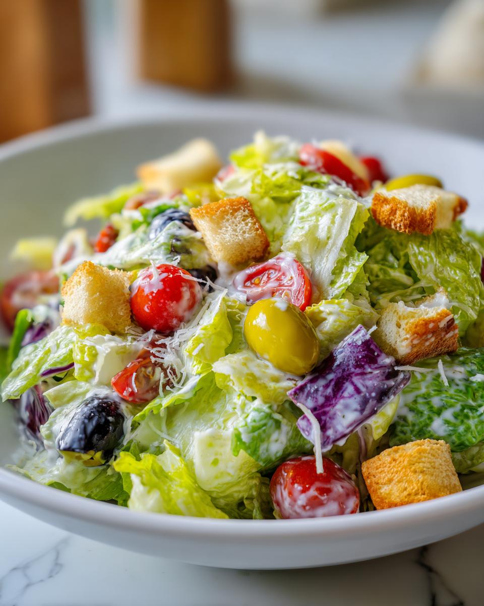 A close-up of a vibrant bowl of copycat Olive Garden salad featuring crisp lettuce, tomatoes, olives, croutons, and creamy dressing.