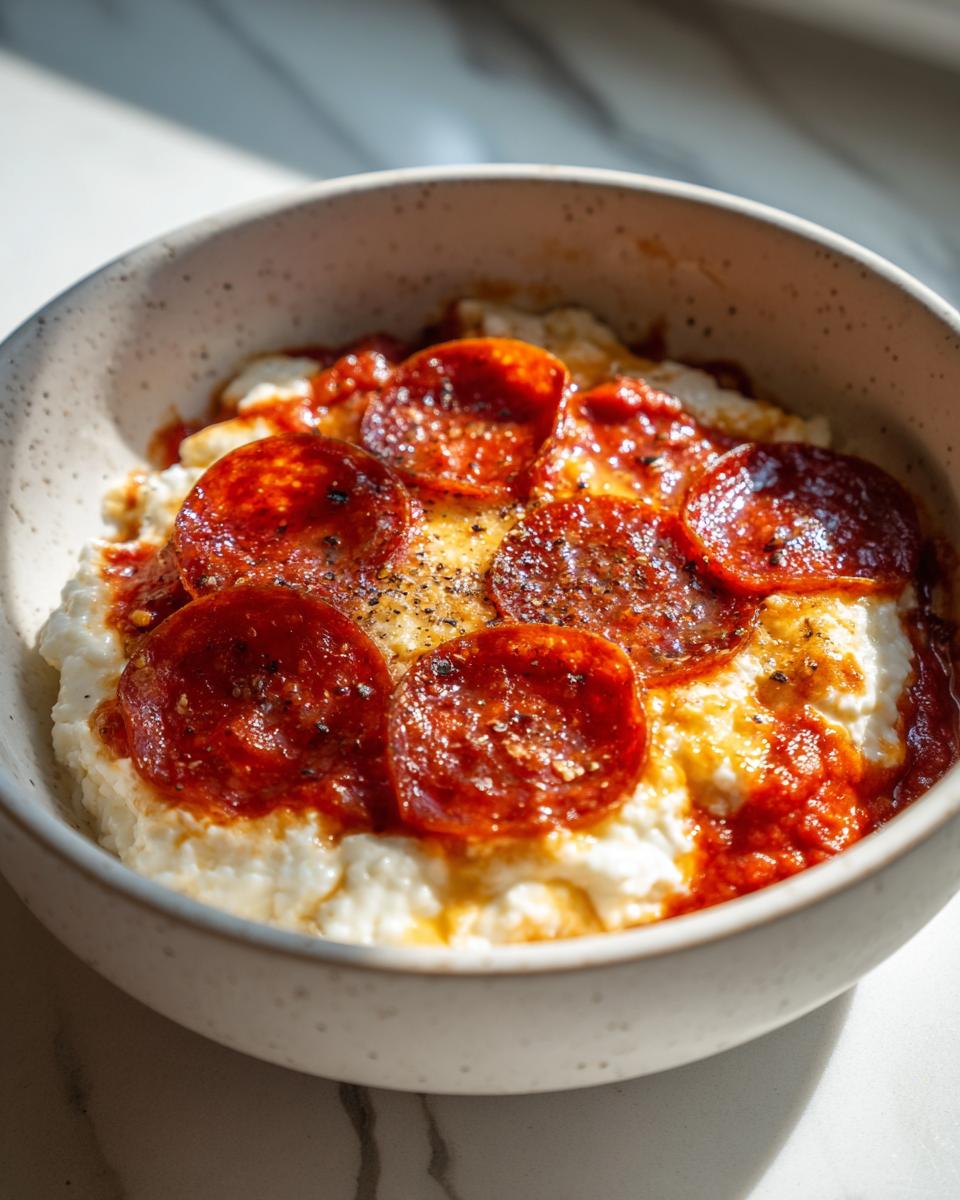 A close-up of a cottage cheese pizza bowl topped with red sauce and crispy pepperoni slices.