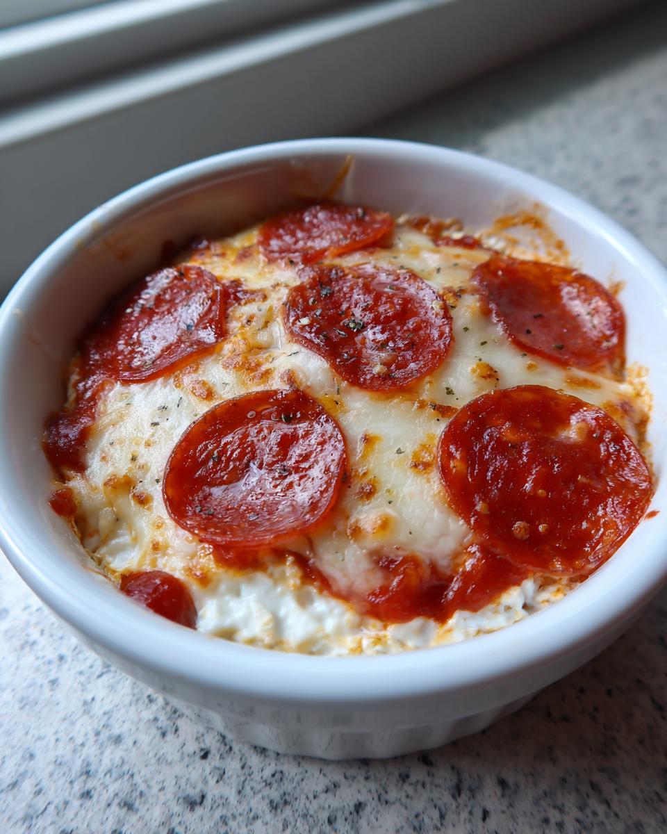Close-up of a baked cottage cheese pizza bowl topped with melted cheese, sauce, and pepperoni slices.