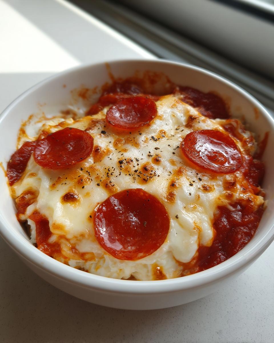 Close-up of a baked cottage cheese pizza bowl topped with melted mozzarella, marinara sauce, and pepperoni slices.