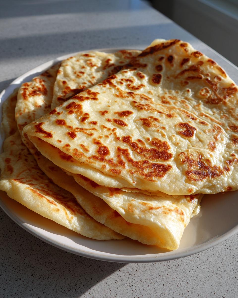 A stack of freshly cooked, golden-brown cottage cheese wrap flatbreads piled on a white plate.