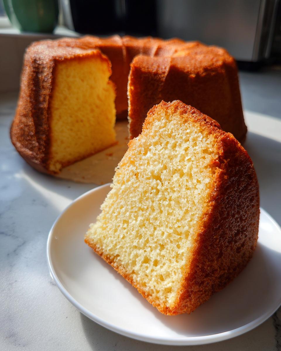 A close-up slice of moist cream cheese pound cake served on a white plate with the rest of the bundt cake in the background.