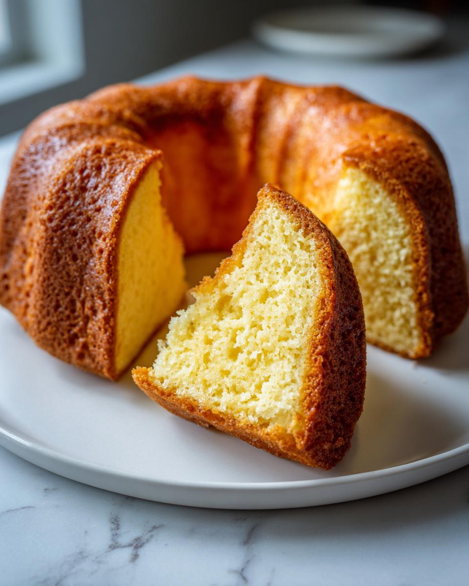 A close-up of a slice cut from a golden brown cream cheese pound cake, showing its dense, moist crumb.